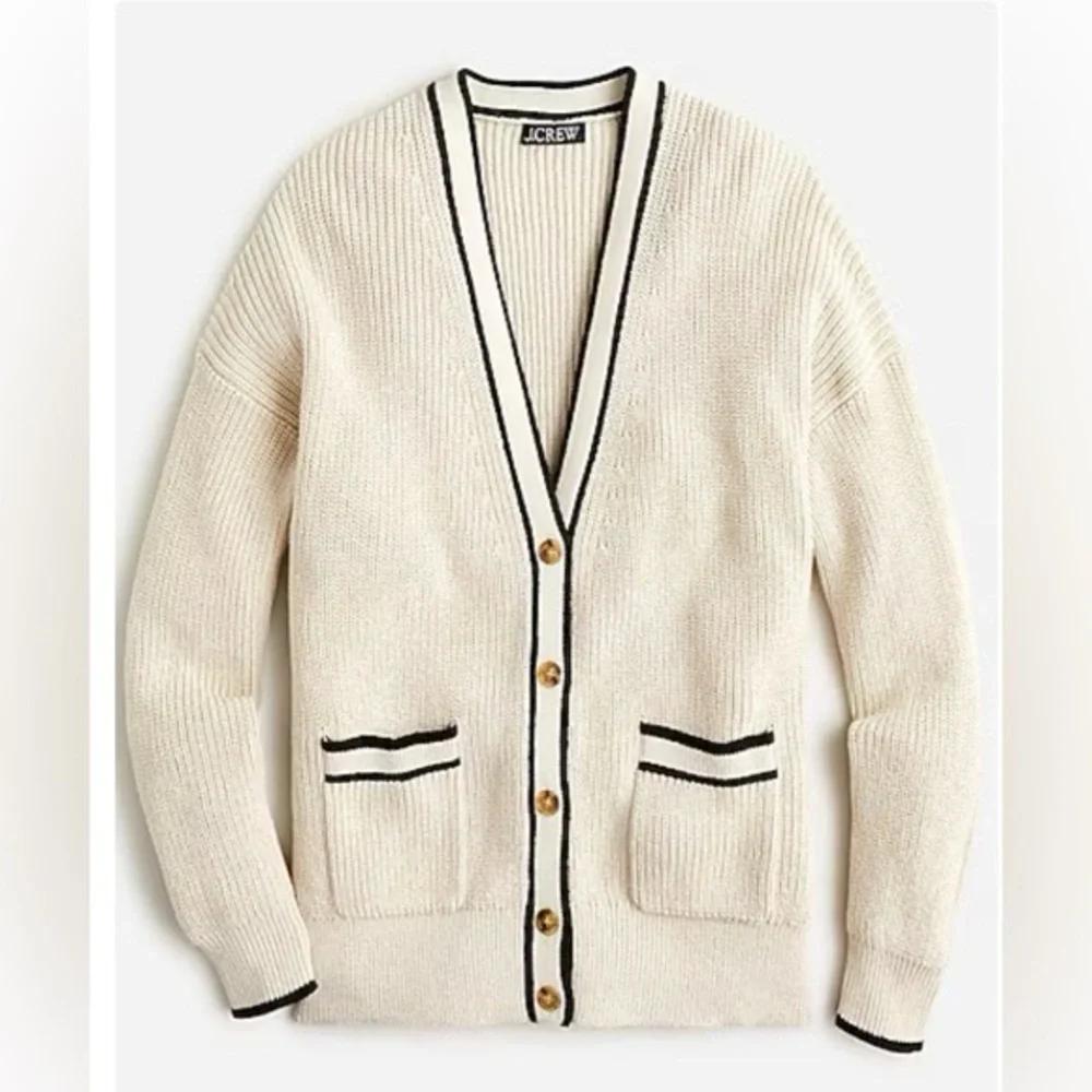 J.CREW Tipped V-neck Cotton Cardigan Sweater Women's Size Small Cream
